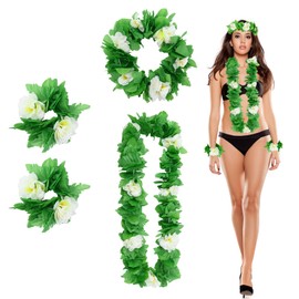 Hawaiian Fancy Dress Set,Flower Garland with Necklace Headbands and Bracelets,Hawaiian Party Decorations Flower Necklace Set for Summer Beach Pool Aloha Tiki Tropical Luau Party (White)