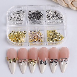 6Grids Hollow Alloy Bow Tie Steel Bead Nail Charm DIY Sliver Gold Jewelry Elegant Manicure Art Accessories Tools for Nail Salon