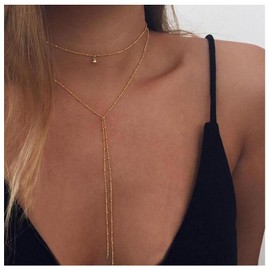 Allereyae Satellite Chain Y Drop Necklace Gold Bead Y Lariat Necklace Boho Long Drop Y Necklace Vintage Layered Necklace Chain Jewelry for Women and Girls (Gold)