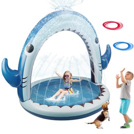 Giant Shark Sprinkler for Kids - Inflatable Summer Water Toy with Non-Slip Splash Pad & 360° Spray,4 PCS Plastic Toss Rings,Outdoor Play Sprinklers for Yard,Summer Game Gift for Boys or Girls Ages 3+