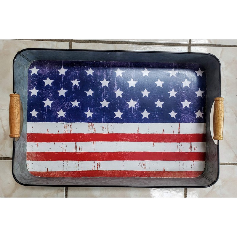 Stars and Stripes Galvanized Serving Tray 16 x 10 x