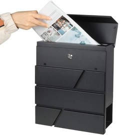 Decaller Metal Wall Mounted Mailboxes with Key Lock, Large Mail Box with Newspaper Compartment, Black, 13" x 14 2/5" x 4 1/5"