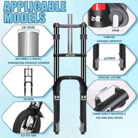 BUCKLOS 20 inch 4.0 Fat Tire Bike Suspension Fork, 180mm Travel 135mm Spacing Hub 9mm QR Ebike Oil MTB Fat Fork, Double Crown 1-1/8 Straight Electric Bicycle Front Fork, Snow Beach Mountain Bike