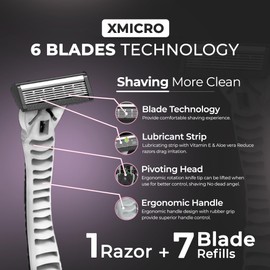 XMicro XMicro? Razors for Men, 1 Razor, 7 Blade Refills with German Stainless Steel, Lubricated with Vitamin E, Aloe for Smooth Shave, Shields Against Irritation, Light Weight Version X Men