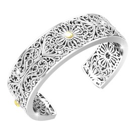 Belinda Jewelz 925 Sterling Silver Cuff Bangle with 14k Gold Vintage Flower Carving Antique Retro Gypsy Bohemian Pattern Bracelet Adjustable Fine Jewelry for Women