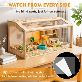 XiaZ Hamster Cage,32Inch Large Hamster Cage with Panoramic View and Ventilated Top, Spacious Acrylic Glass Habitat for Syrian Dwarf Hamsters and Degus, Natural Wood Frame Enclosure