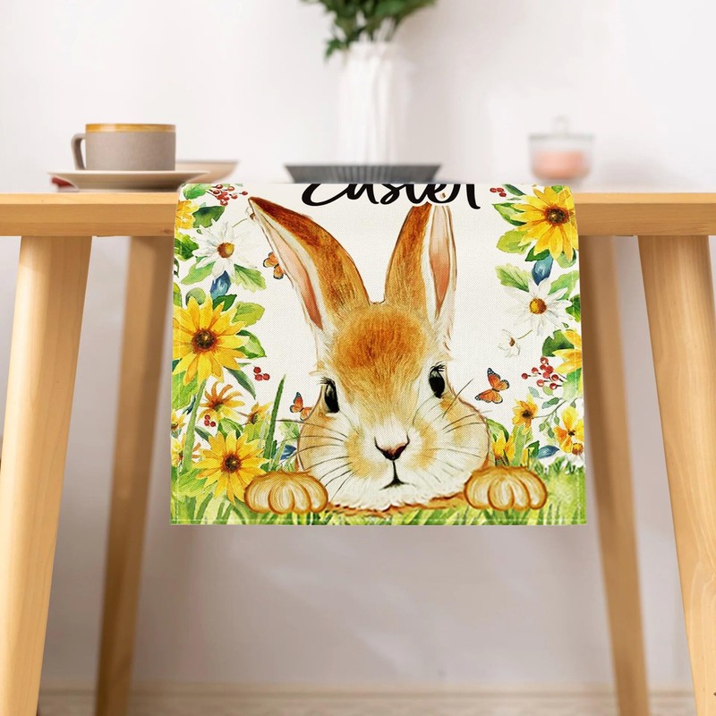 SEAHUI Happy Easter Table Runner Rabbit Tablecloth Bunny Flower Linen