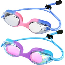 Vvinca Kids Swim Goggles with Bungee Strap No Leaking Anti Fog Toddler Goggles with Quick Adjust Ages 3-14 (D-blue Pink & Blue Purple)