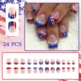 4th of July French Tip Press on Nails Short Square Fake Nails Red Blue White False Nails Patriotic Star Silver Glitter Glue on Nails Glossy Artificial Independence Day for Women Nails Decoration 24Pcs