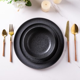 AmorArc Ceramic Dinnerware Sets, Wavy Rim Stoneware Plates and Bowls Sets,Dishwasher & Microwave & Oven Safe Dishes set, Service for 6 (18pc)-Charcoal Matte