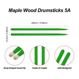 CashBeat 5A Maple Wood Drumsticks, Non-Slip Grip, Classic Green Drum Stick for Kids Adults Beginner, Percussionists Drumming Accessories Musical Instrument