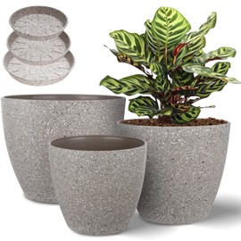 Vanavazon Plant Pots 9/8/7 Inch Set of 3 Flower Pots Indoor Outdoor Plastic Planters with Drainage Hole and Tray (Speckled Beige)