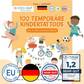 Papierdrachen 100 Children's Stick-On Tattoos from Germany – Tattoos with Activities and Other Child-Friendly Designs – as Birthday Gift Bags – Vegan – Diversity – Set 14