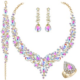 Paxuan Crystal Bridal Wedding Jewelry Sets for Women Rhinestone Teardrop Crystal Statement Choker Necklace Drop Earrings Link Bracelets Rings Teardrop Jewelry Set for Brides Bridesmaids