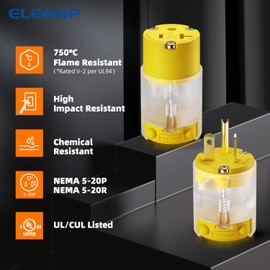 ELEGRP Lighted Straight Blade Electrical Plug and Connector Set 20 Amp 125 Volt NEMA 5-20P NEMA 5-20R 2 Pole 3 Wire Grounding, Commercial Grade, Yellow, 5 Set