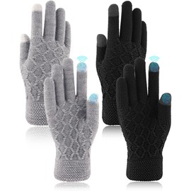 SATINIOR 2 Pairs Winter Thermal Touchscreen Gloves for Men Women Warm Knit Gloves Thick Fleece Gloves Cycling Gloves with Soft Lining (Black, Light Gray)
