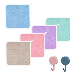 ATBUSS 5 Pack Coral Fleece Solid Color Square Towel with 2 Hooks Baby Washcloth Soft Washcloth Flannel Washcloth Reusable Cleaning Cloth, pink