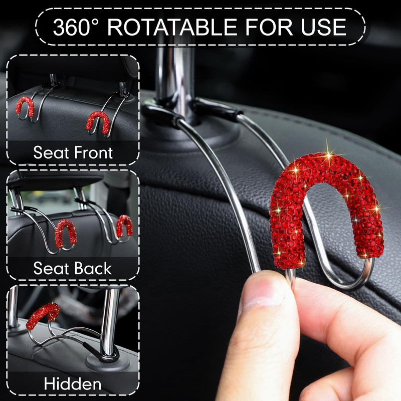 Soleebee 2 Pack Bling Car Headrest Hooks Crystal Rhinestones Universal