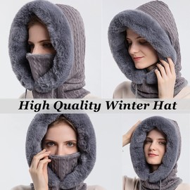 Women Men Unisex Winter Knitted Balaclava Hat Thickened Beanie Cap Neck Warmer Scarf Set with Warm Mask Grey