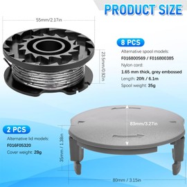 Gigmeta Set of 10 Replacement Grass Trimmer Spool Works with Bosch Easy GrassCut18-230 Grass Trimmer, Diameter 1.65 mm, 6.1 m Length, Includes 8 Pieces Grass Trimmer Thread and 2 Pieces Cap Lid