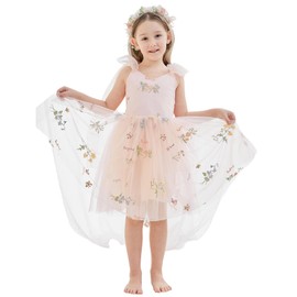 LalaMira Flower Girl Dress Floral Embroidered Toddler Girls Dresses Fairy Tulle Dress for Wedding Birthday Party Photo Shoot Blushing Pink-5T