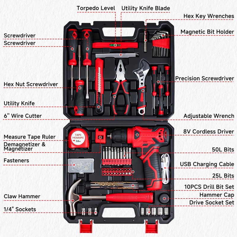 Tool Set - 8V Cordless Drill Set, 132 Piece Home