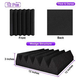 TroyStudio Thick Acoustic Foam Panels, 12 X 12 X 3 Inch 12 Pcs Broadband Sound Absorbing Foam, Dense Soundproof Padding Tile, Recording Studio Foam Absorber, Wedge Decorative 3D Wall Ceiling Panel