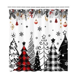 Lindameler Merry Christmas Shower Curtain Red Buffalo Plaid Christmas Tree Bathroom Shower Curtain Xmas Pine Forest Farmhouse Bath Decor Bathtub Shower Curtain with Hooks (Red, 72x72 inch)