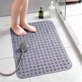 Bath Tub Shower Mat, Non Slip 63 x 35cm Extra Large Bathtub Mat, Bathtub Floor Liner Mats Bathmat with Drain Holes, Suction Cups for Bathroom Floor, Gray