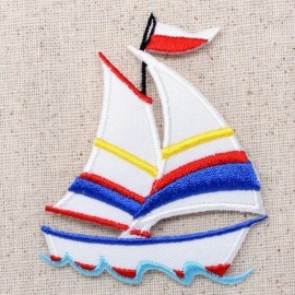 Wholesale Applique Iron On Embroidered Applique Patch White Sailboat Blue/Red Stripes Nautical