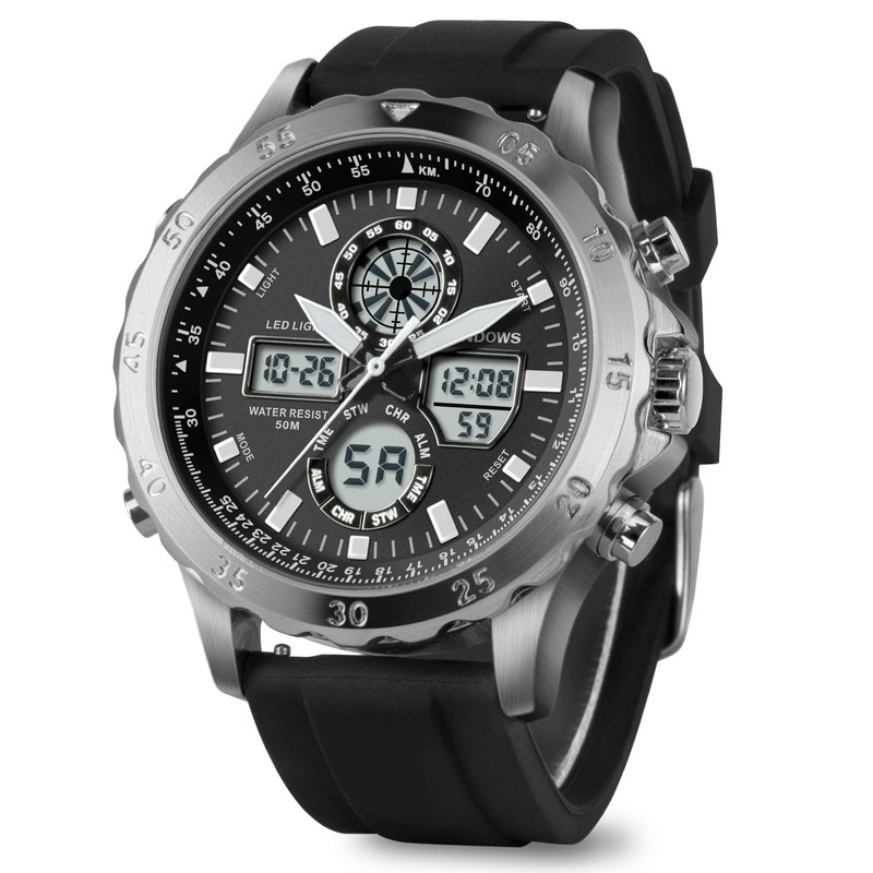 PINDOWS Watch for Men, Waterproof Big Dial Analog Digital Sport
