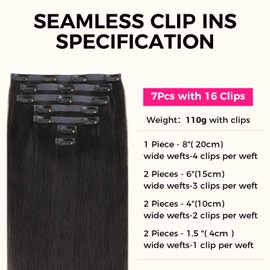 Lashey Hair Extensions Seamless Clip in Hair Extensions Human Hair Yaki Straight 110g 7pcs Natural Black Clip in Hair Extensions 18 Inch Human Hair PU Clip in Hair Soft and Invisi Edge Hair
