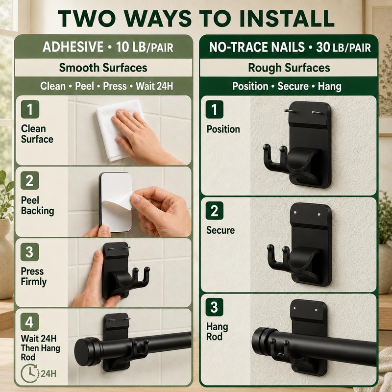 No Drill Curtain Rod Brackets, 8-Pack Adhesive Hooks with Invisible