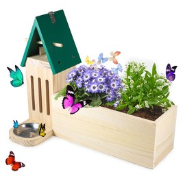 Picowe Butterfly House Wooden Butterfly Habitat Natural Butterfly Nesting Box Garden House with Feeder Hanging (Green, with Plant Holder)
