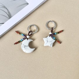 RECKSI Crystal Moon Star Couple Keychains 7 Chakra Stone Beads Keyrings for Car Key Bag Decor, White Howlite Turquoise