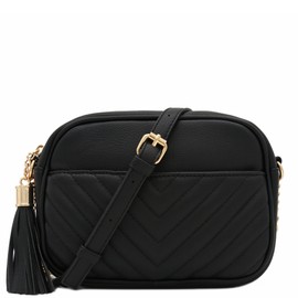 FashionPuzzle Chevron Quilted Crossbody Camera Bag with Chain Strap and Tassel, Black, One Size