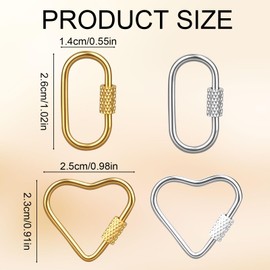 Tinoaly 4pcs Screw Carabiner Lock Small Locking, Heart & Oval Carabiner Jewelry Clasp Key Ring Metal Screw Lock Keychain Clip Hook for DIY Jewelry Making Handbag Accessories