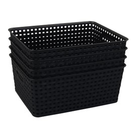 Morcte 4-Pack Plastic Storage Weave Baskets, Plastic Shelf Baskets, Black