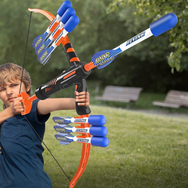 TEMI Bow and Arrow Set for Kids, Kids Foam Bow Arrow Archery Set - Shoots Over 120 Feet, Includes 10 Arrows, 2 Quiver, 20 Foam Darts and Targets, Outdoor Toy Birthday Gifts for Boys Girls Kids