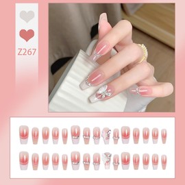 Press on Square Nails Medium Length Glossy Full Cover Acrylic French False Nails with Butterfly Gems Pearl Designs Artificial Square Shaped Fake Nails with Charms Glue ons Fingernails for Women