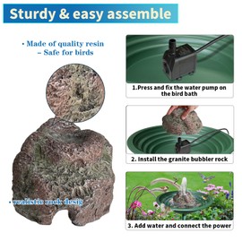 Fuente para baño de pájaros, fuente de agua al aire última intervensión con resina de roca volcánica con bomba de agua de 7.5 W para baños de pájaros, comedero de pájaros pequeño para acuario y pecera