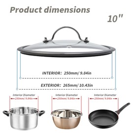 10" Tempered Glass Pan Lid with Steam Vent, Thickened to 4mm and Dishwasher Safe and Oven up to 480℉, Universal Lid Fit for Cast Iron Skillets, Frying Saute Pan, Cooking Pot