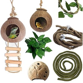 kathson Lizard Coco Den with Ladder, Reptile Hideouts Gecko Coconut Husk Hut with Artificial Bendable Jungle Climbing Vines for Chameleon, Lizards, Gecko, Snakes to Hide Perch and Play
