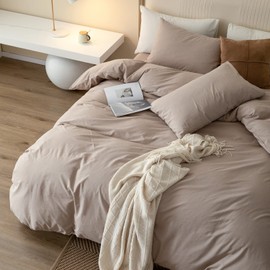 JIYUAN 100% Washed Cotton Duvet Cover Set Comfy Simple Style Soft Breathable Textured Durable Linen Feel Bedding for All Seasons Queen,Solid Warm Taupe