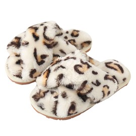 Fadezar Girls Fluffy Slippers for Kids Cute Fuzzy Slippers Open Toe Warm Fur Slides Cross Band Plush Slip on House Indoor Slippers White Leopard Narrow US 1-1.5 Big Kid EU 32-33