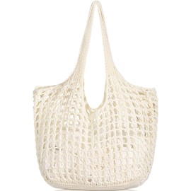 WantGor Crochet Bags, Beach Mesh Tote Bag Womens Shoulder Shopping Handbag Casual Travel Totes Bag Foldable Hobo Bags (Cream)