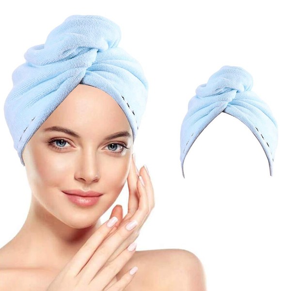 Crysly Bath Hair Drying Towels Microfiber Stripe Hair Wraps Absorbent Hair Turban Sets Quick Dry Hair Caps with Buttons for Women and Girls (Blue)