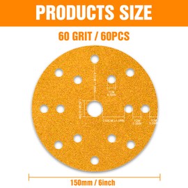 KONGMING 60 Pcs 150mm Sanding Discs Grit 60 Hook and Loop 15 Hole for Random Orbital Sander