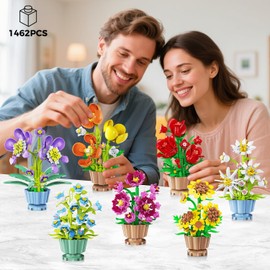 9 Pack Flowers Botanicals Collection 3.6MM Mini Building Set - 1462PCS Flower Plants Building Block Toy, Fake Indoor Flowers for Home Office Decor, Christmas Valentines Birthday Gifts for Adults Women