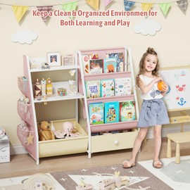 3in1 Kids Bookshelf and Toy Organizer, 3 Tier Sling Book Shelf with Movable Bins, Toddler Montessori Bookcase for Kids Rooms, Playroom, Nursery,Classroom (Pink)